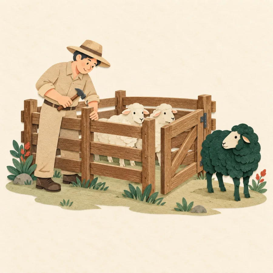 A farmer repairing a fence while a sheep stands outside the pen