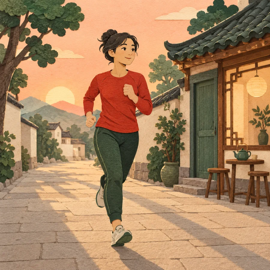 A person jogging on a familiar street at sunrise