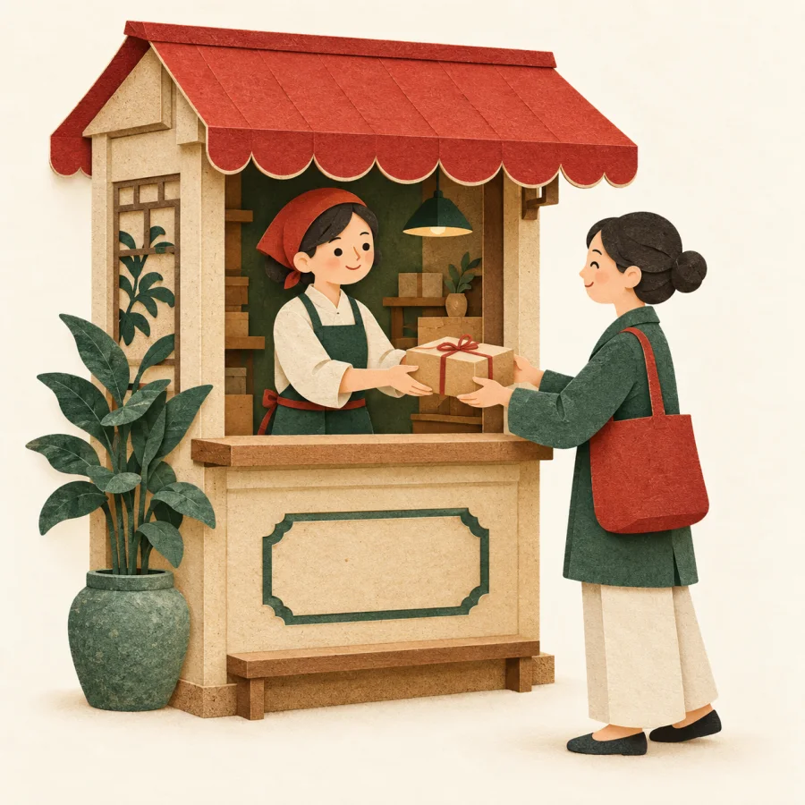 A clerk handing a parcel to a customer at a service kiosk
