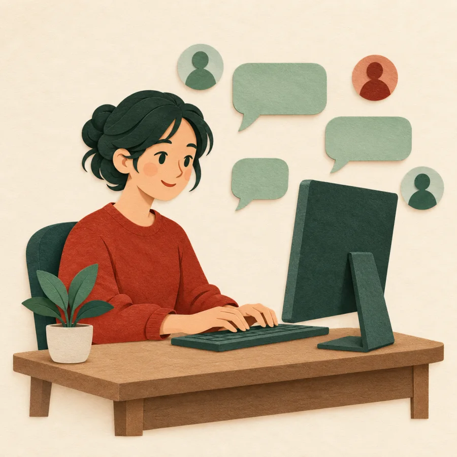 A person typing comments at a computer surrounded by chat bubbles