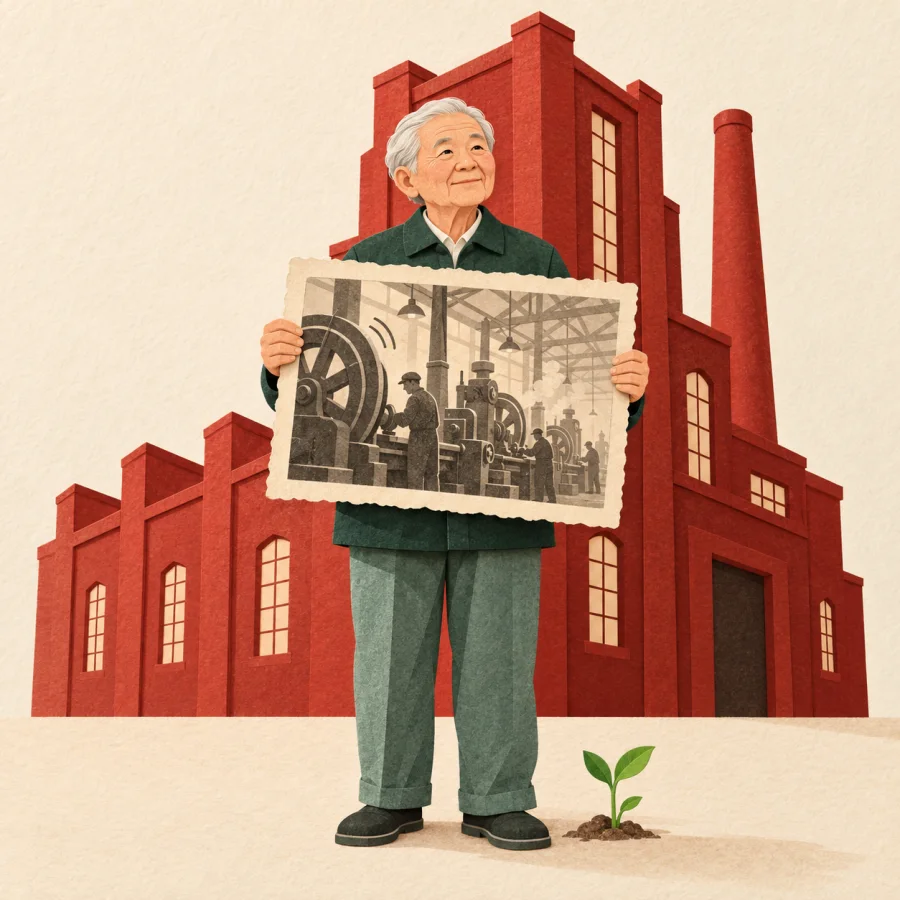 An elderly person before a red factory holds an old photograph of machines