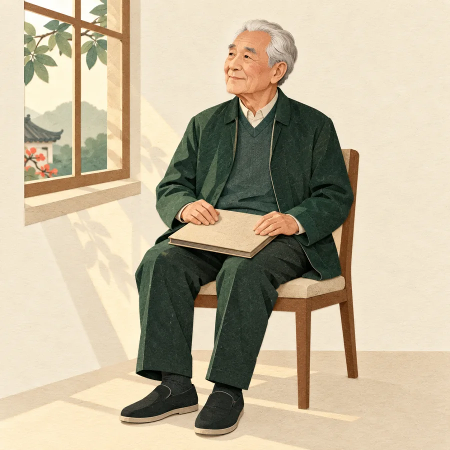 An elderly man sits by a window with a closed photo album on his lap