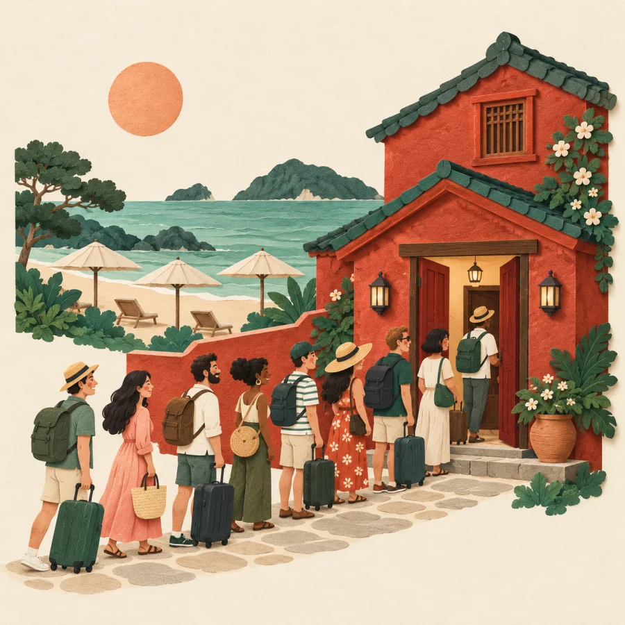 A line of travelers queues outside a small seaside guesthouse
