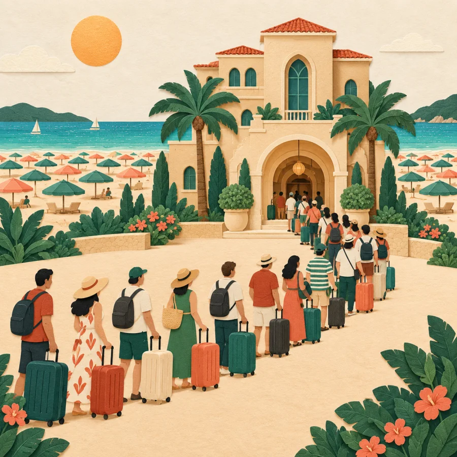 Travelers with suitcases queue outside a hotel, the beach packed behind