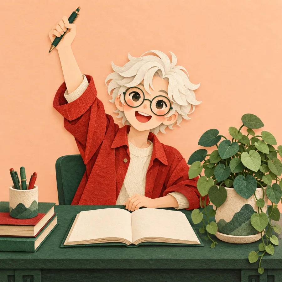A white-haired scholar writes energetically beside a lush potted plant
