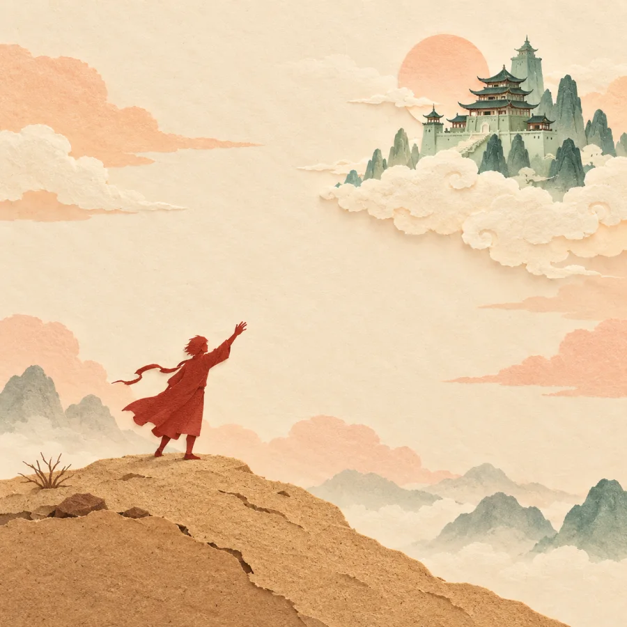 A person on a hill reaching toward a distant floating castle