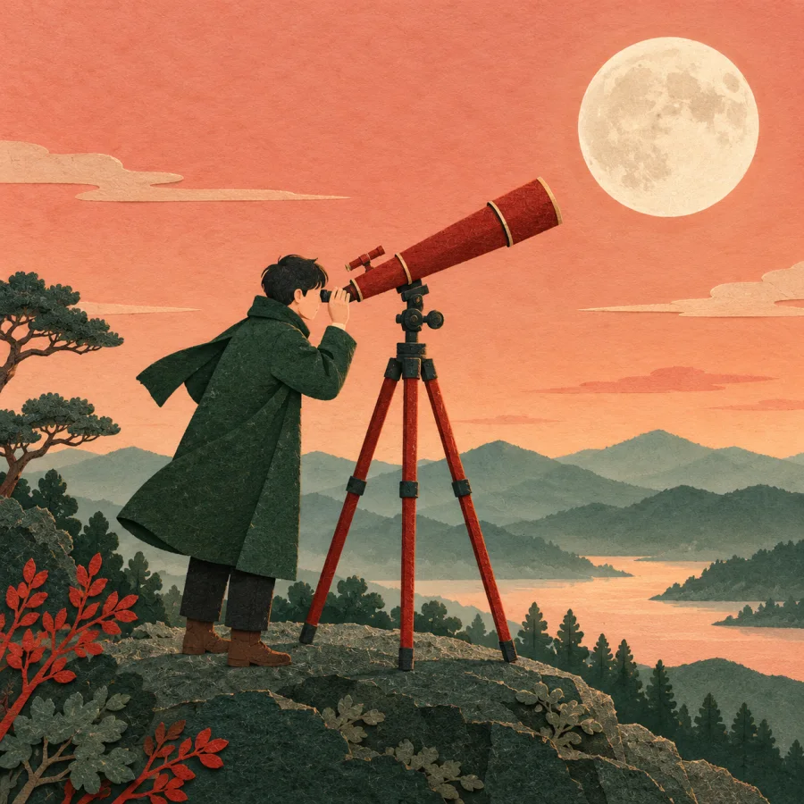 A person on a hilltop looking at the moon through a telescope