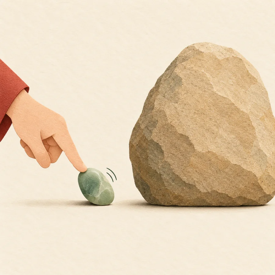 A finger nudging a tiny pebble beside a huge unmoving boulder