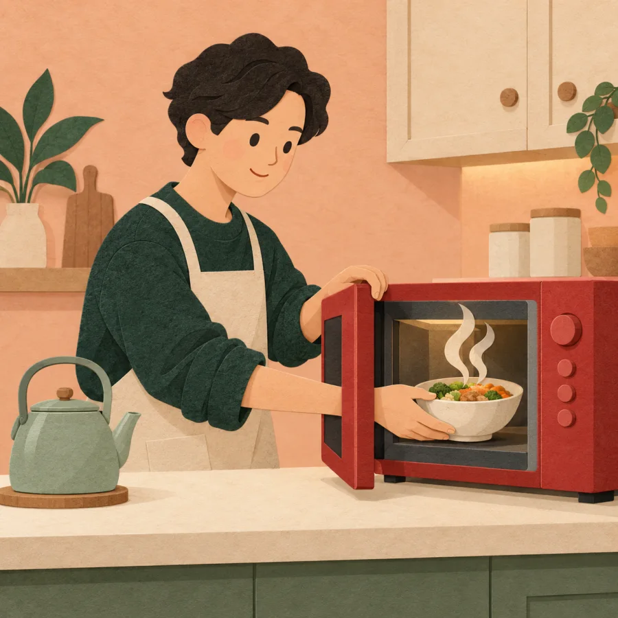A person heating food in a microwave in a small kitchen