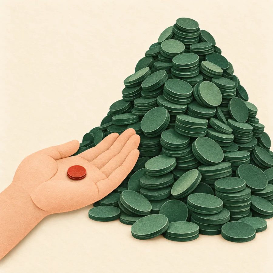 A hand holding one tiny coin next to a huge coin pile