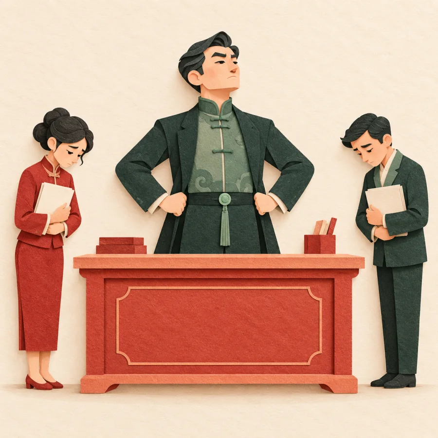 A stern director sits at a large desk while meek employees stand by.