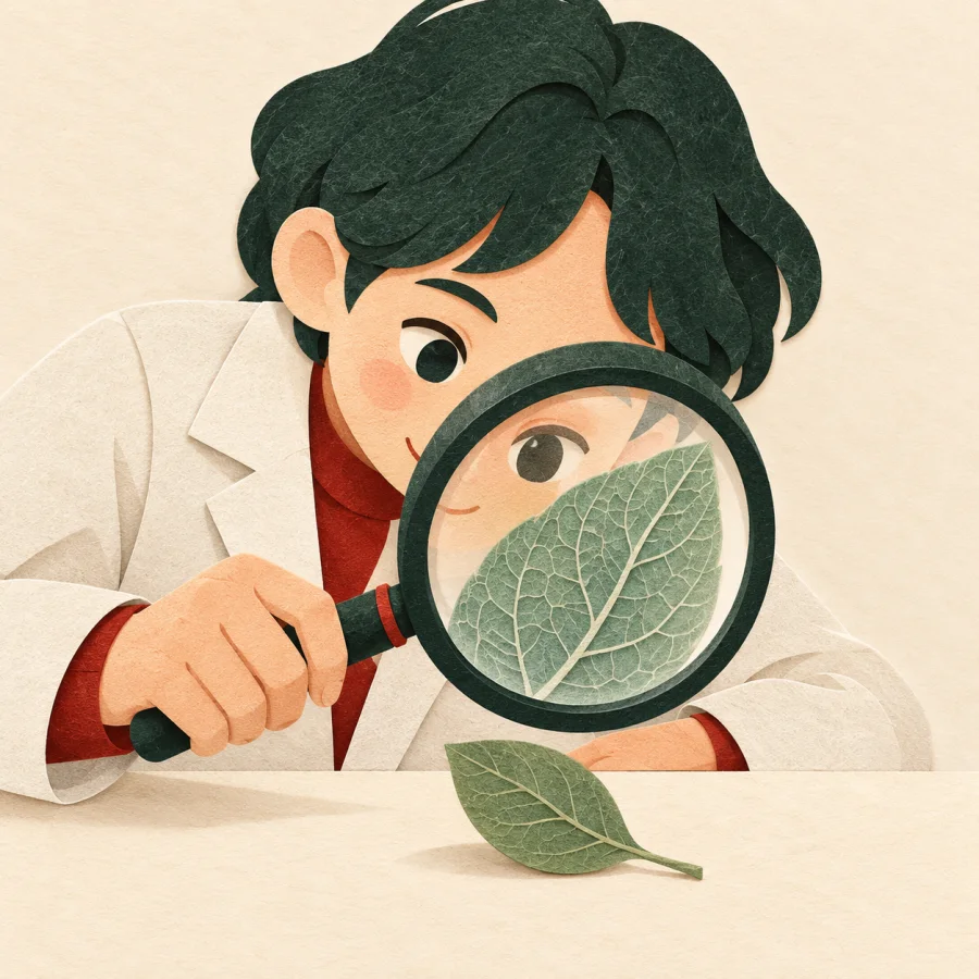 A researcher examines a tiny leaf through a large magnifying glass.