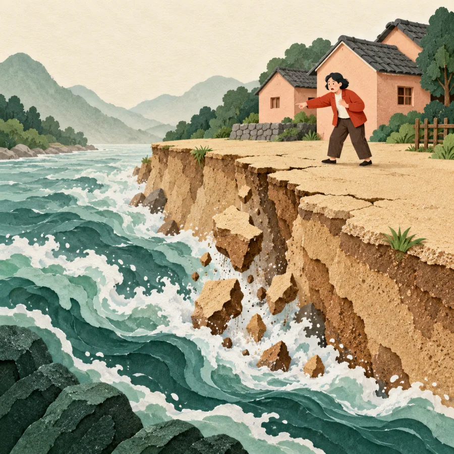 A crumbling riverbank above houses with a person pointing at a crack.