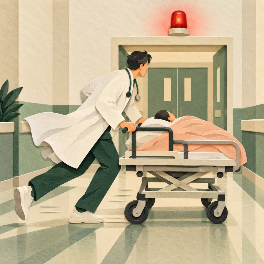 A doctor rushes a stretcher down a hospital corridor under a red lamp.