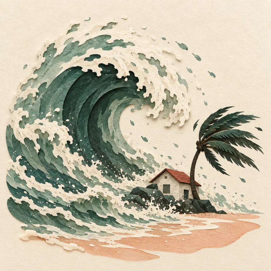A huge storm wave hits a coastal house and bends a palm tree.