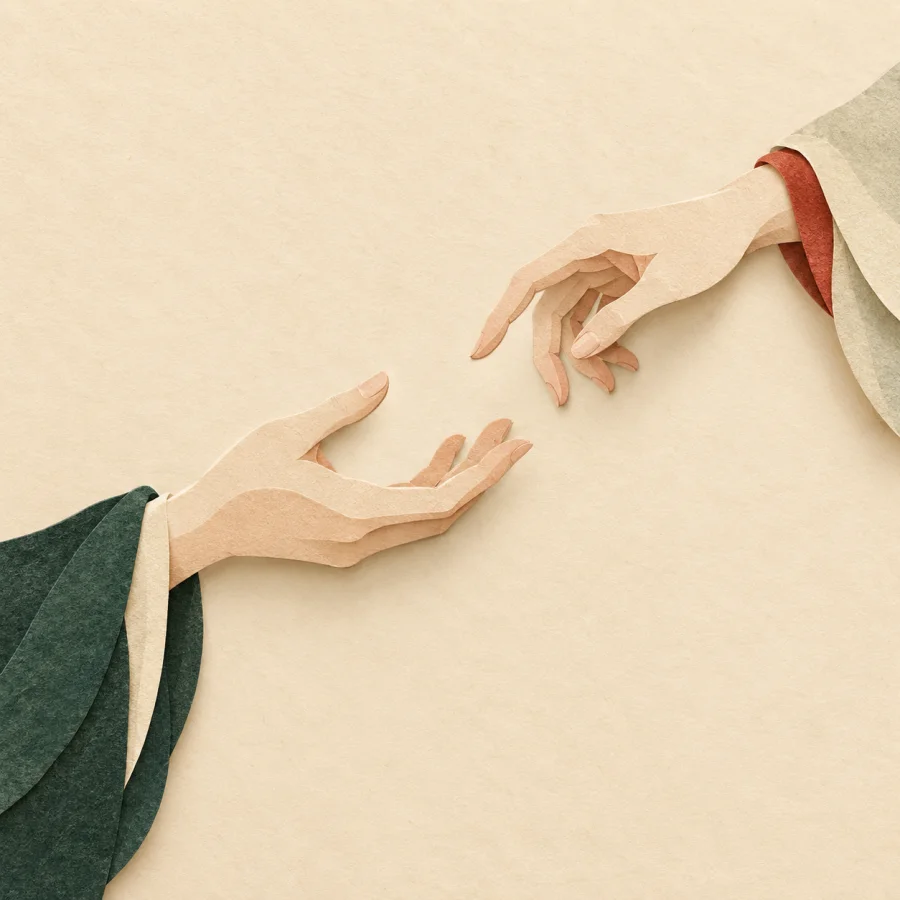 Two hands reaching toward each other across a small gap