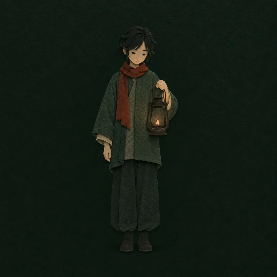 A person holding a lantern with a nearly extinguished flame in the dark