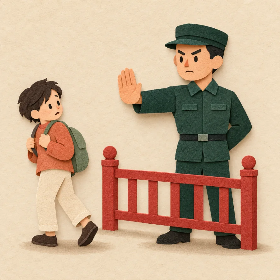 A watchman at a fence raises a hand; a passerby stops and turns away
