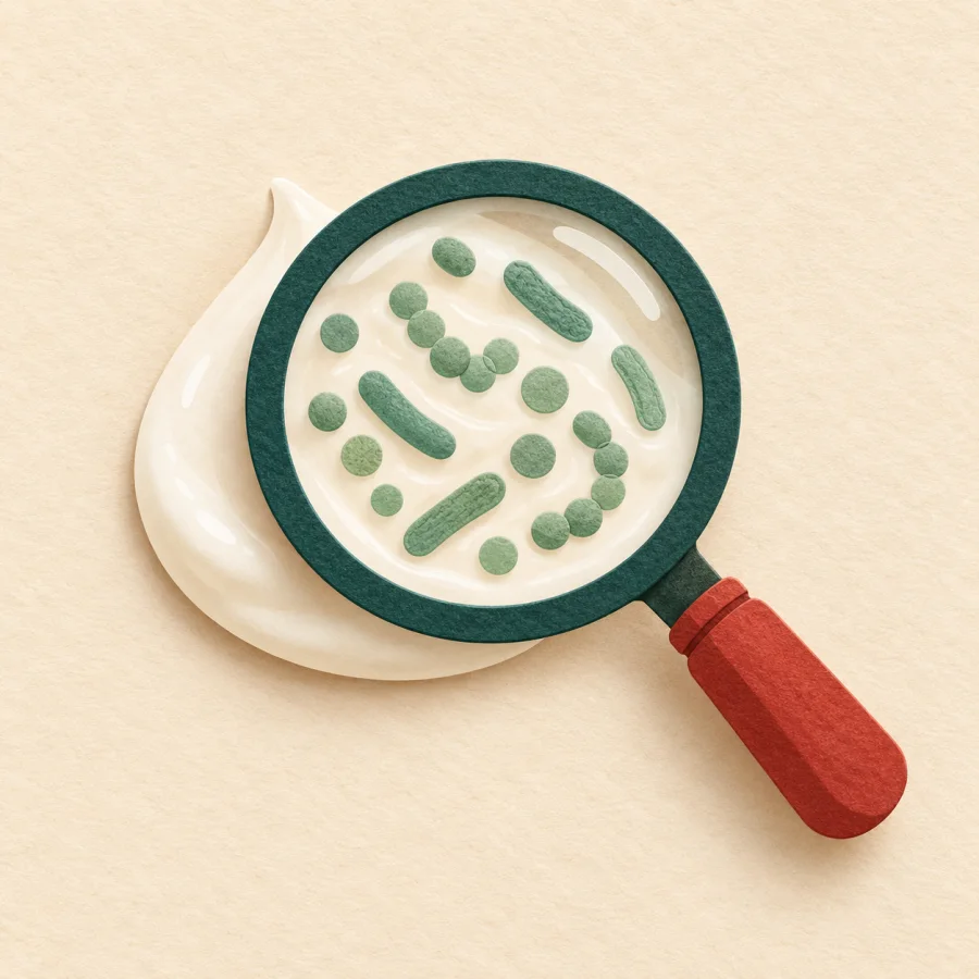 A magnifying glass over a yogurt drop revealing tiny creature shapes
