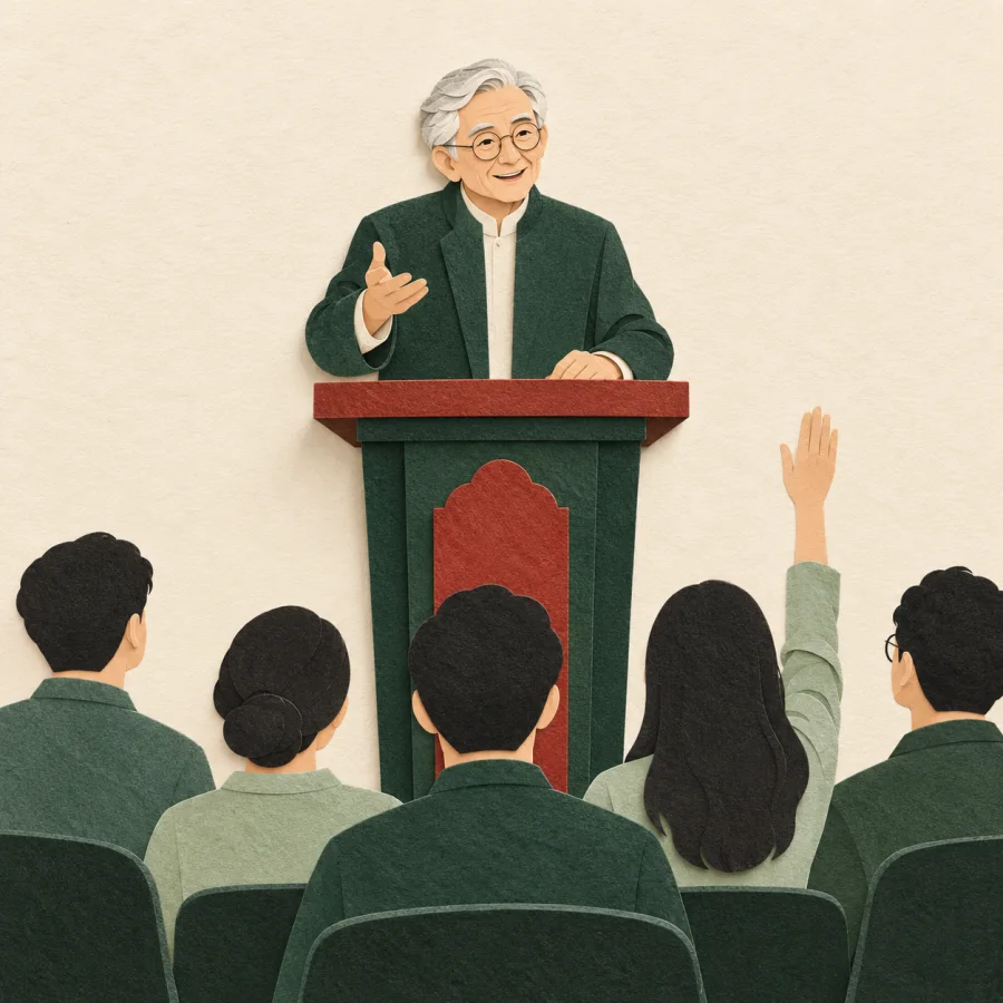 An elderly lecturer at a podium with attentive seated listeners