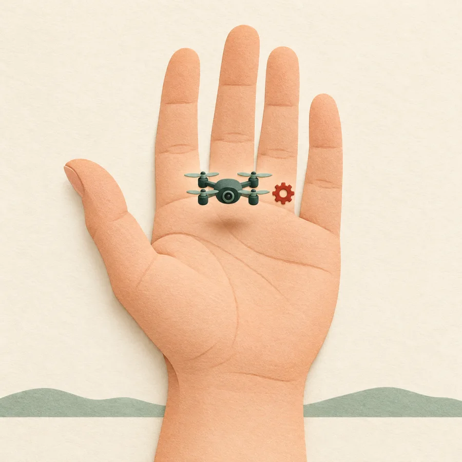 A tiny drone hovering beside an open palm