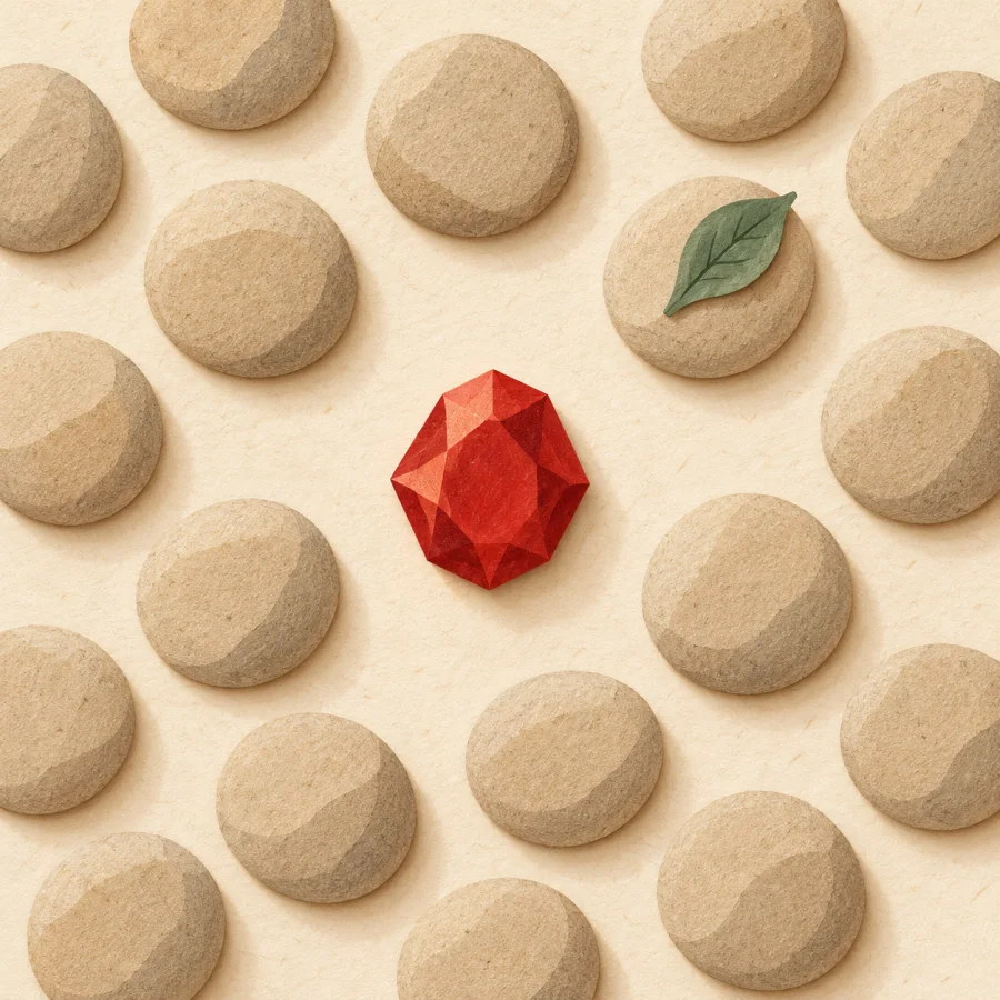 One red gem standing out among identical sand-colored stones