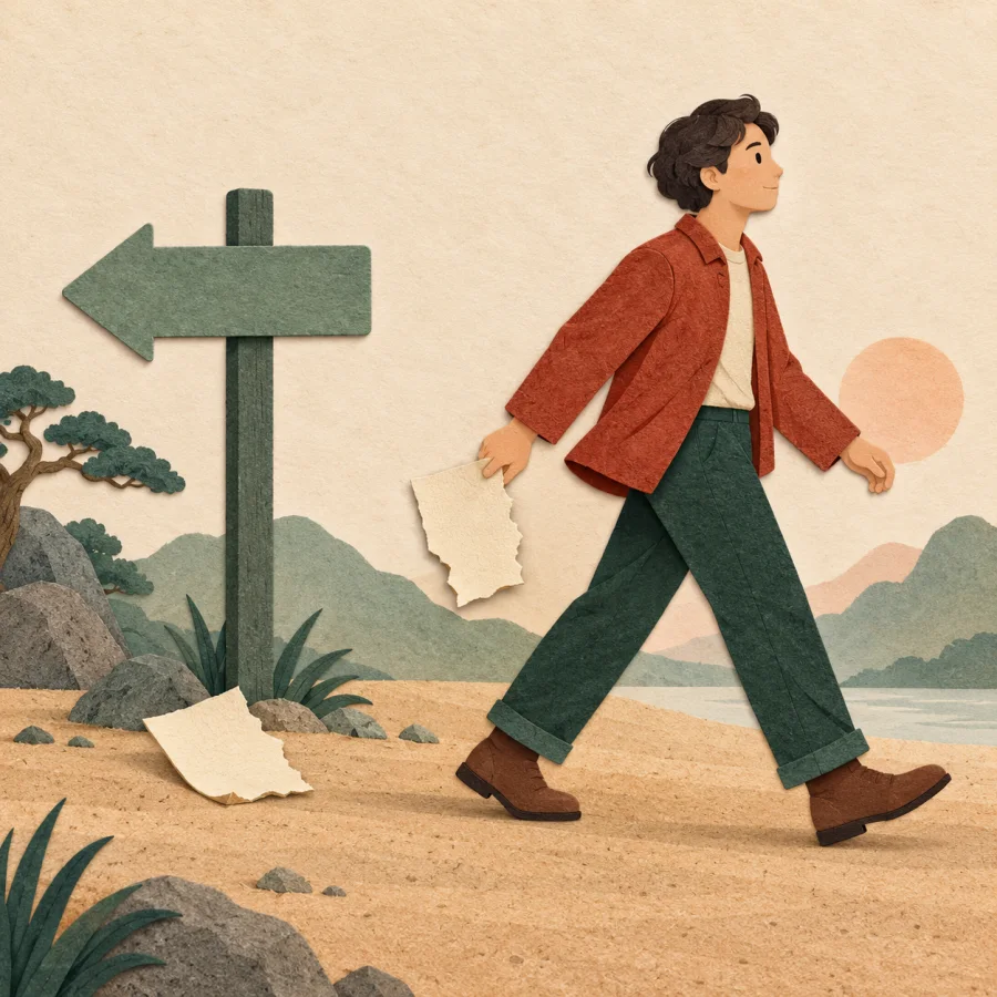 A person holding torn paper walks opposite to a signpost