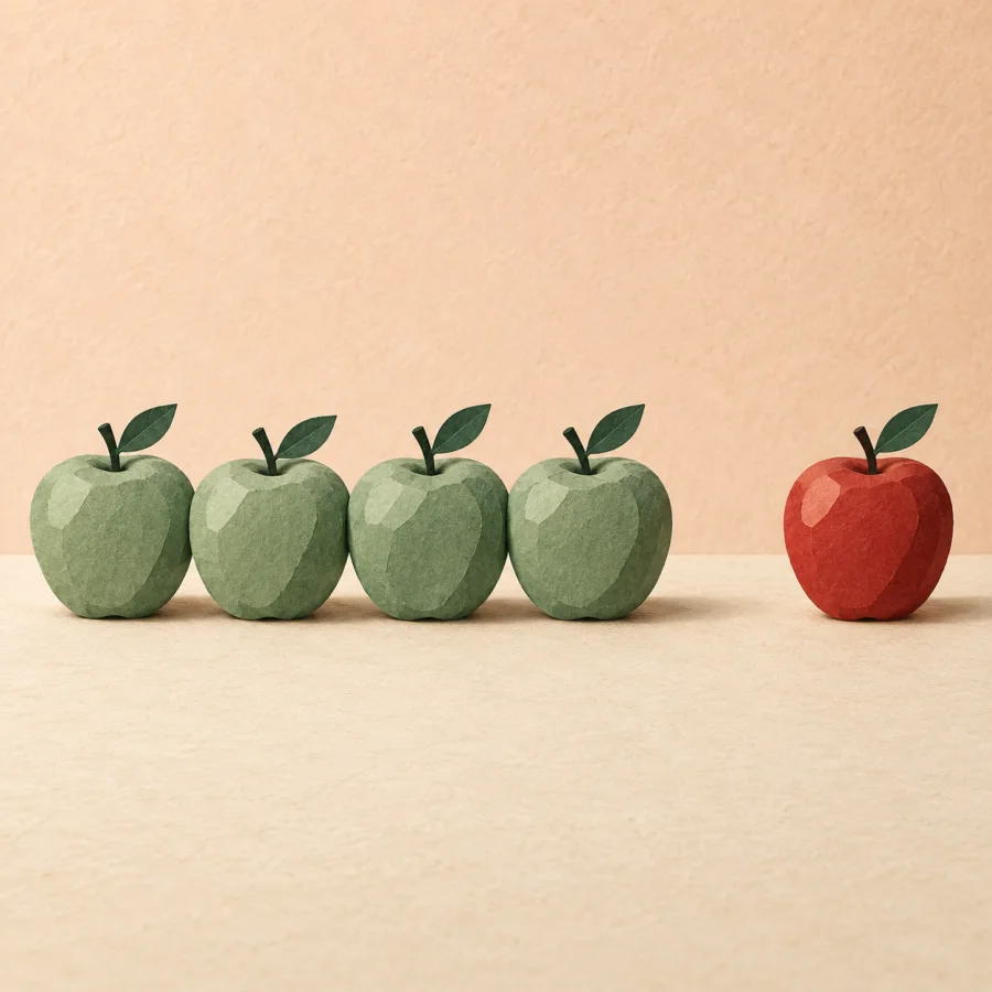 One red apple sits apart from a row of green apples