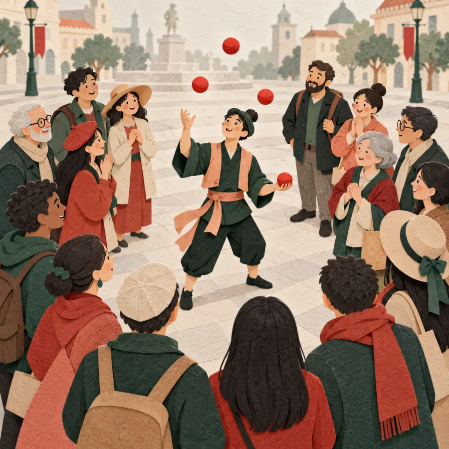 A crowd gathers around a street performer juggling balls