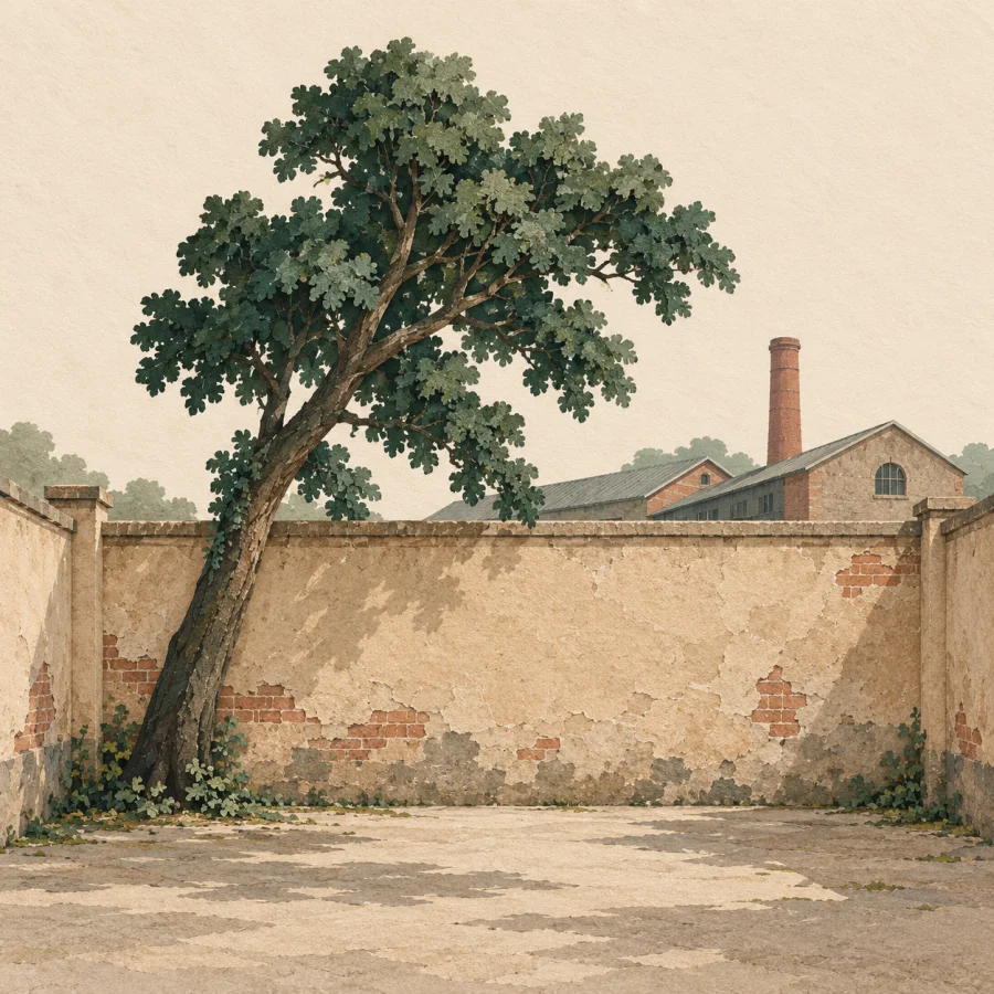 An old boundary wall around a factory yard with a tree