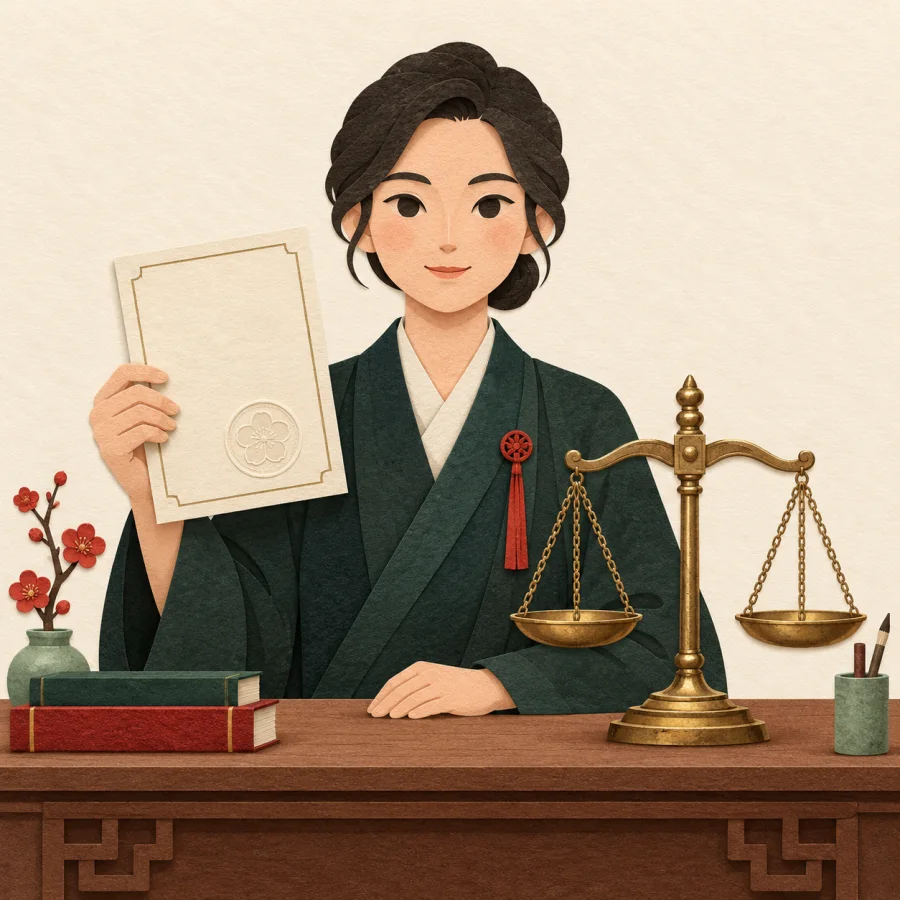 A person with a document beside scales of justice