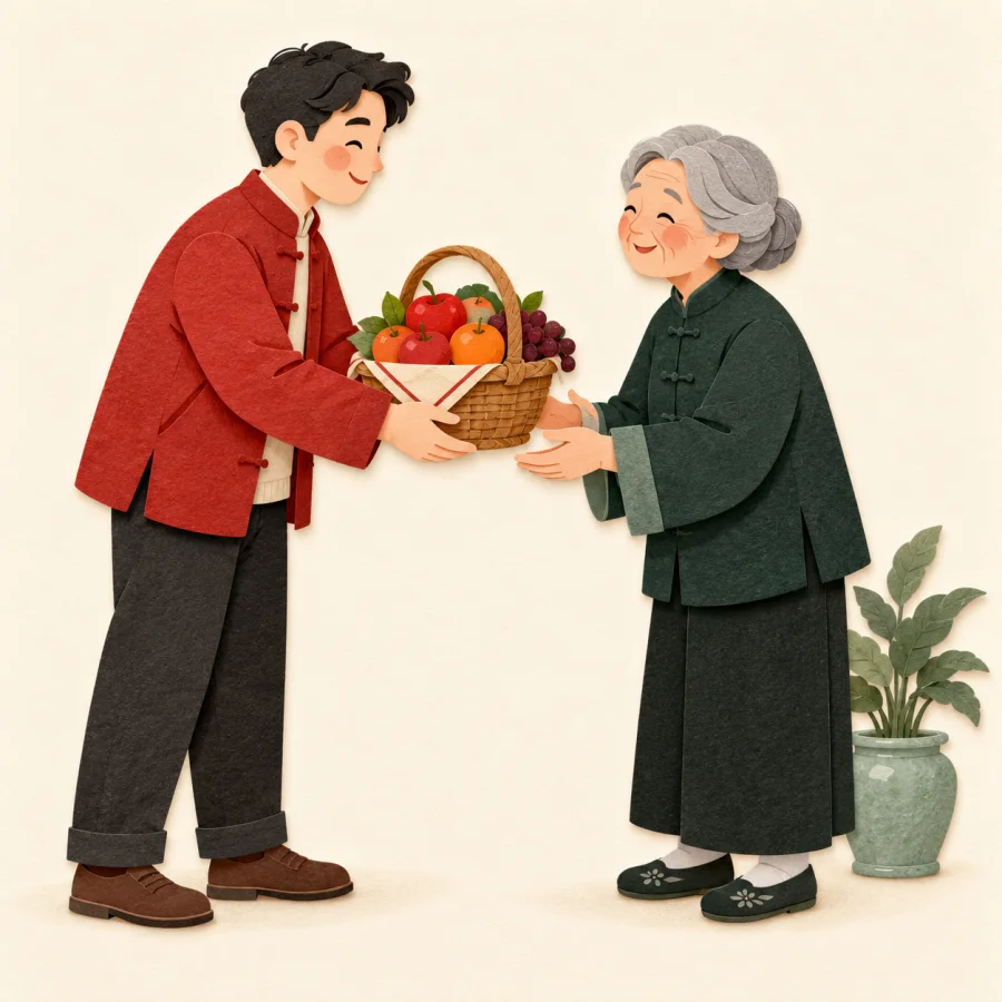 A person politely hands a fruit basket to an elderly neighbor