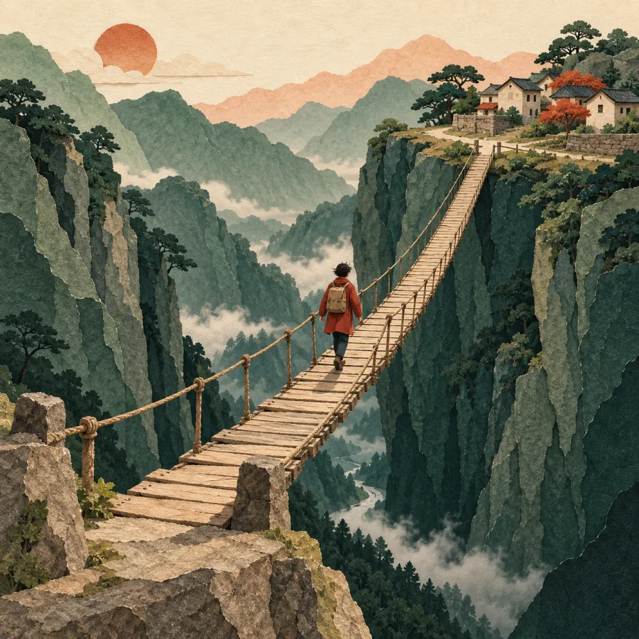 A traveler crosses the only narrow bridge over a deep gorge