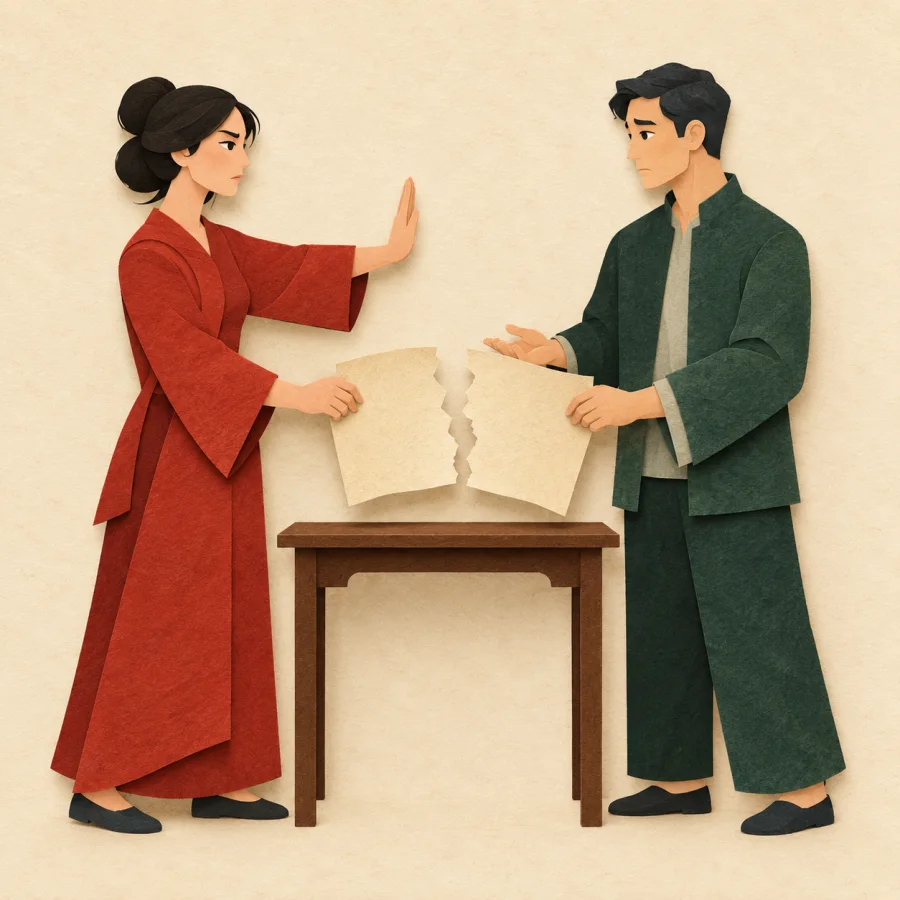 Two people at a table with a contract torn in half