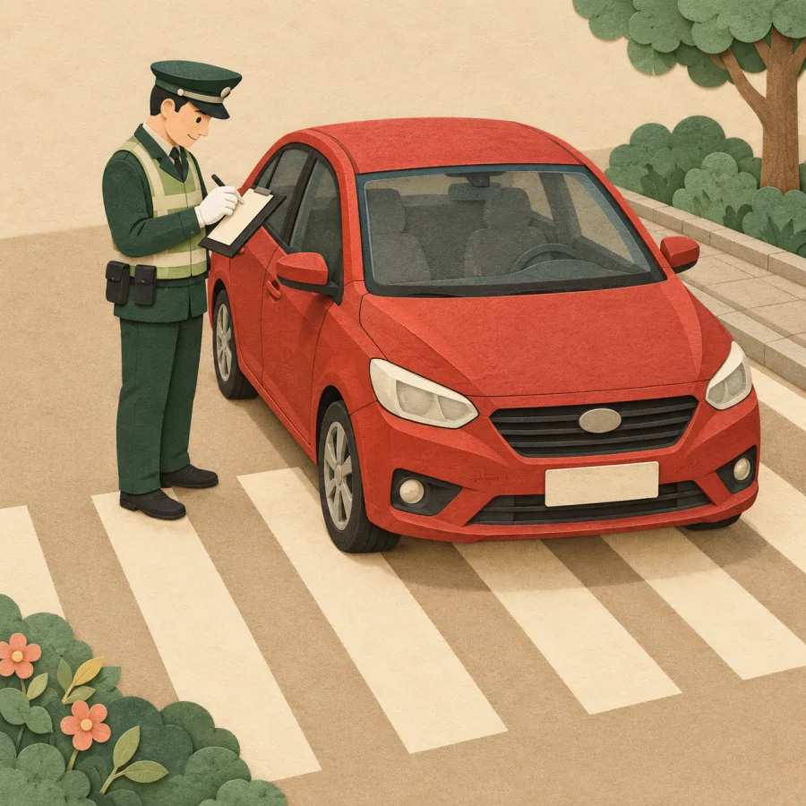 A car parked on a pedestrian crossing, an officer writing a penalty slip