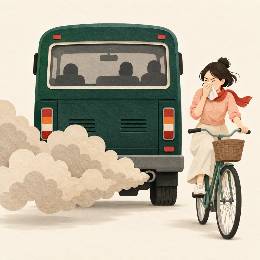 A cyclist beside an old bus covers her nose from exhaust smoke