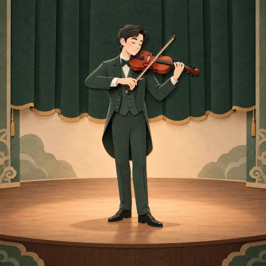 A violinist plays final notes as a green curtain lowers behind him