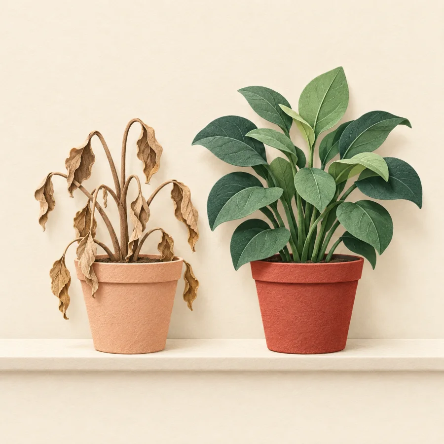 A withered shriveling plant stands beside a lush leafy plant on a windowsill