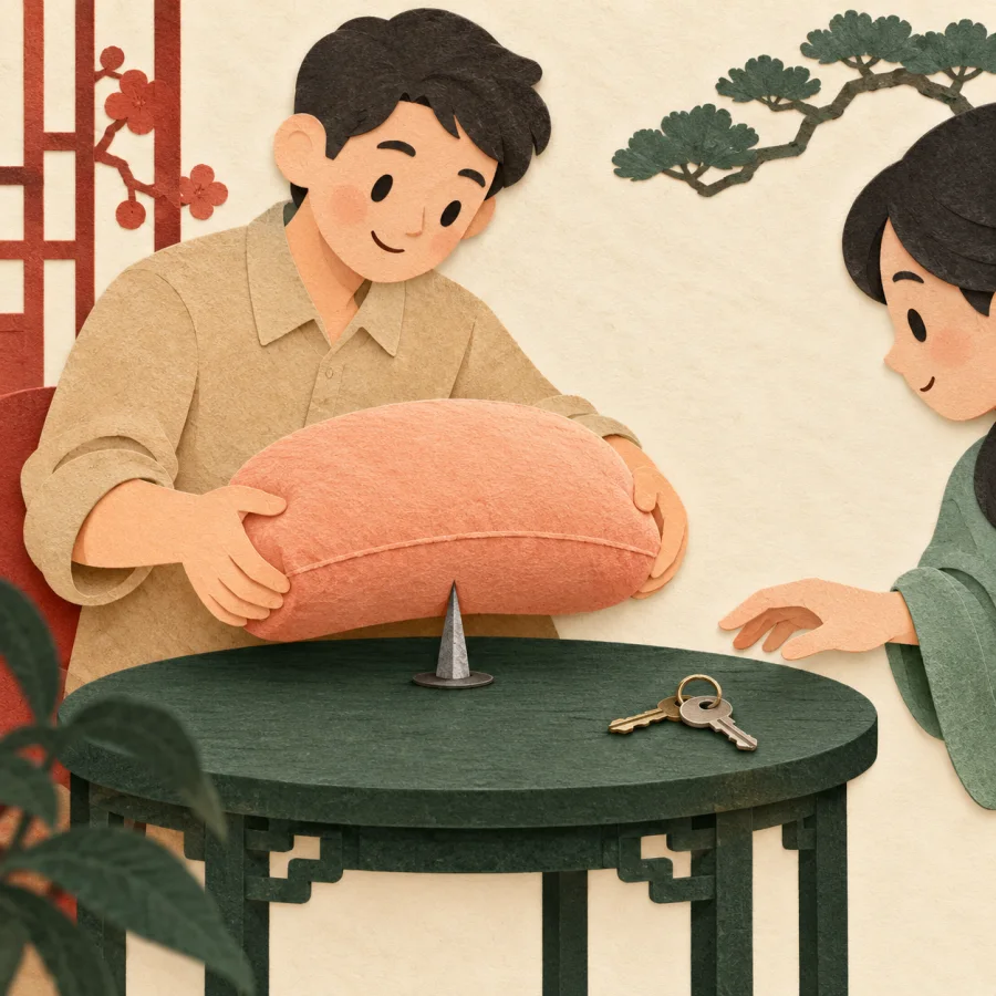 A person gently places a soft cushion over a sharp spike to soften it