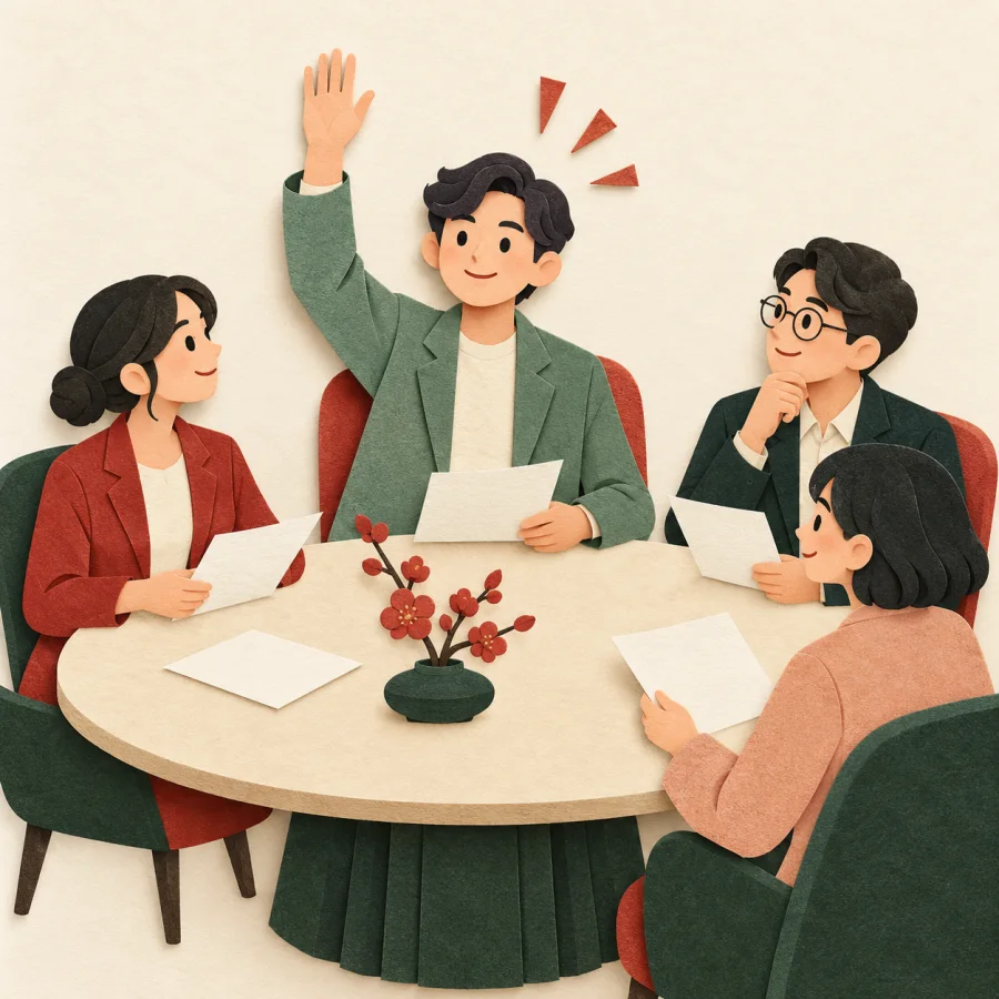 A person raises a hand at a round meeting table with papers