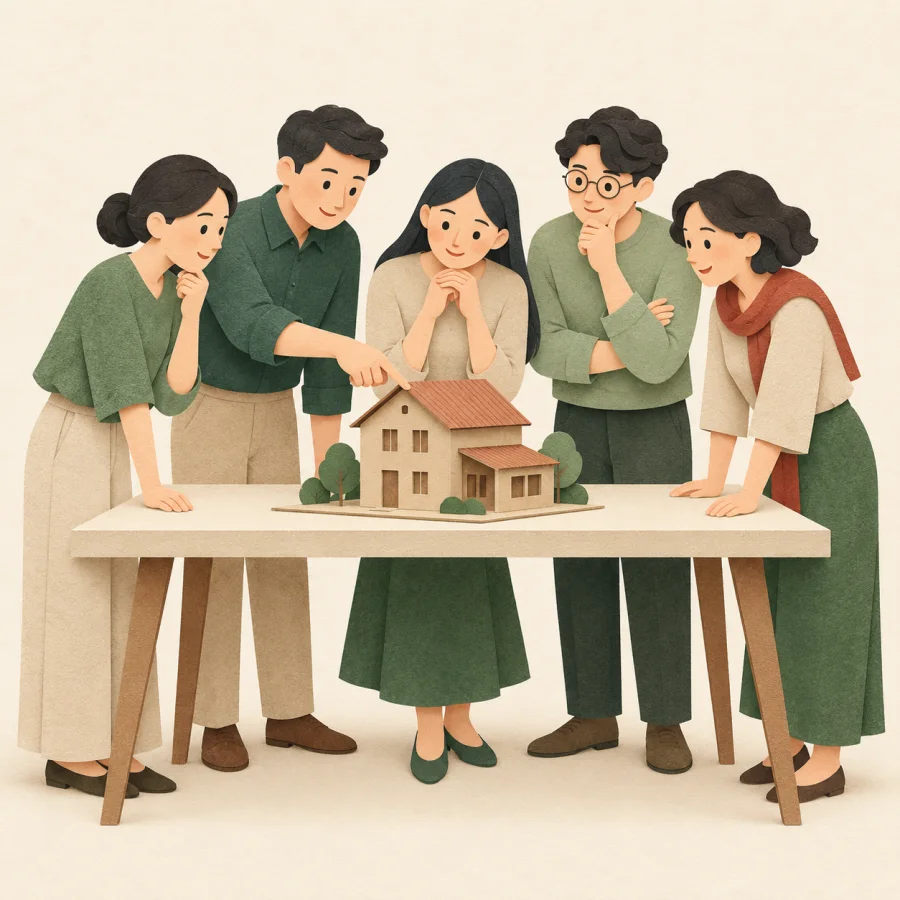 A group of people examines a building model around a long table