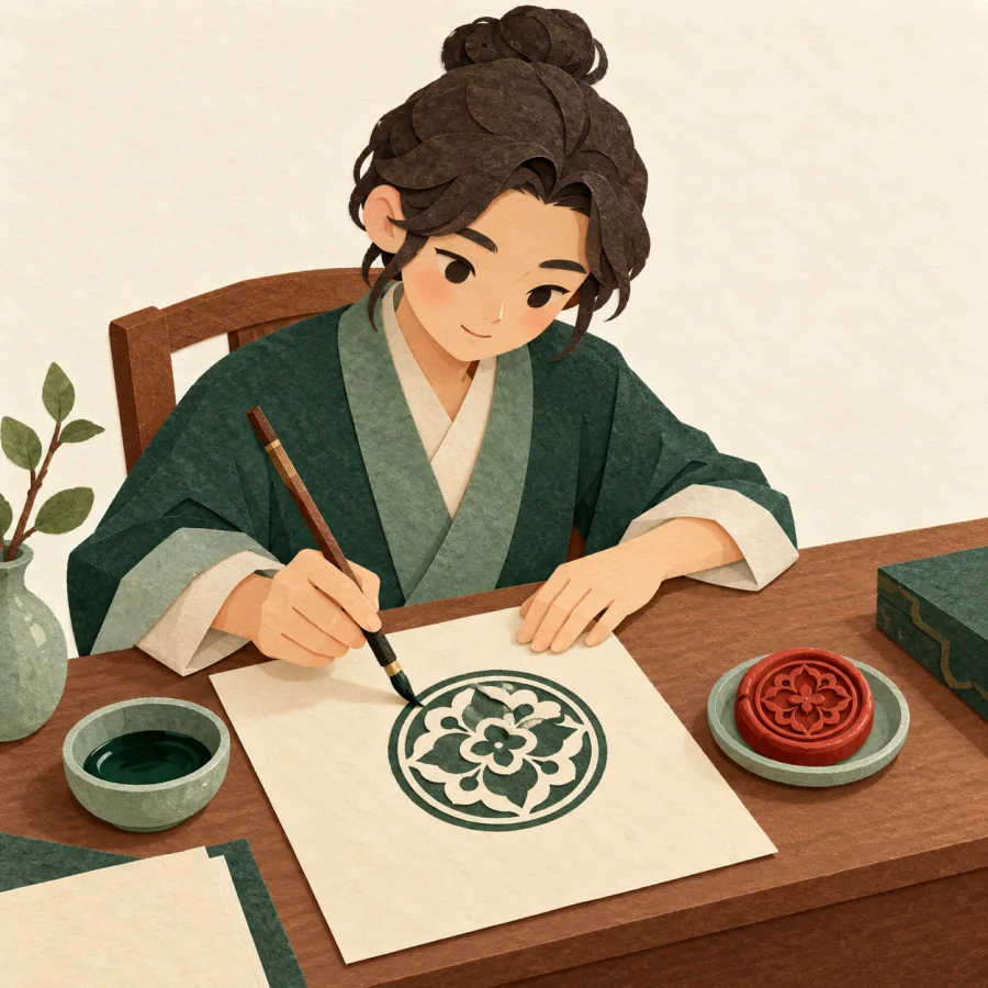 A person copying a round seal onto a paper document at a desk