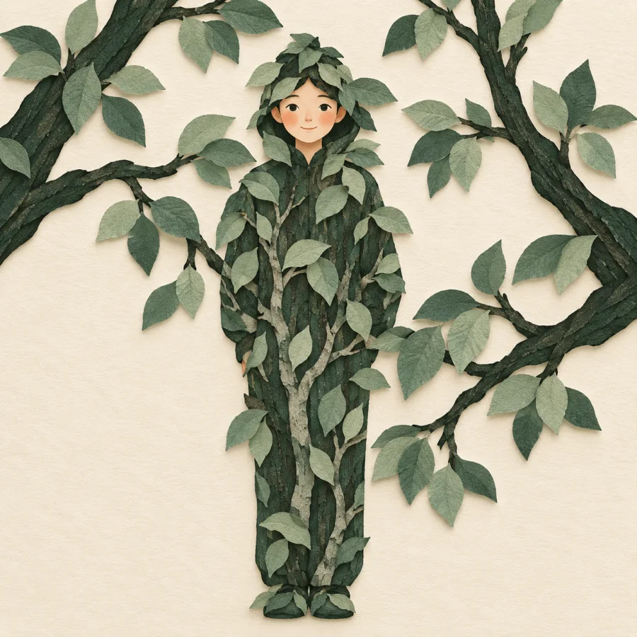 A person blending into leafy camouflage, only the face visible