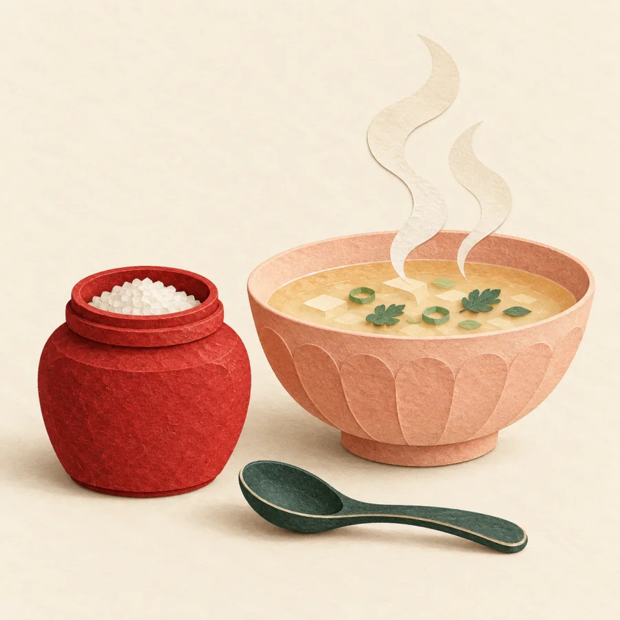 A small jar of white granules next to a steaming bowl of soup