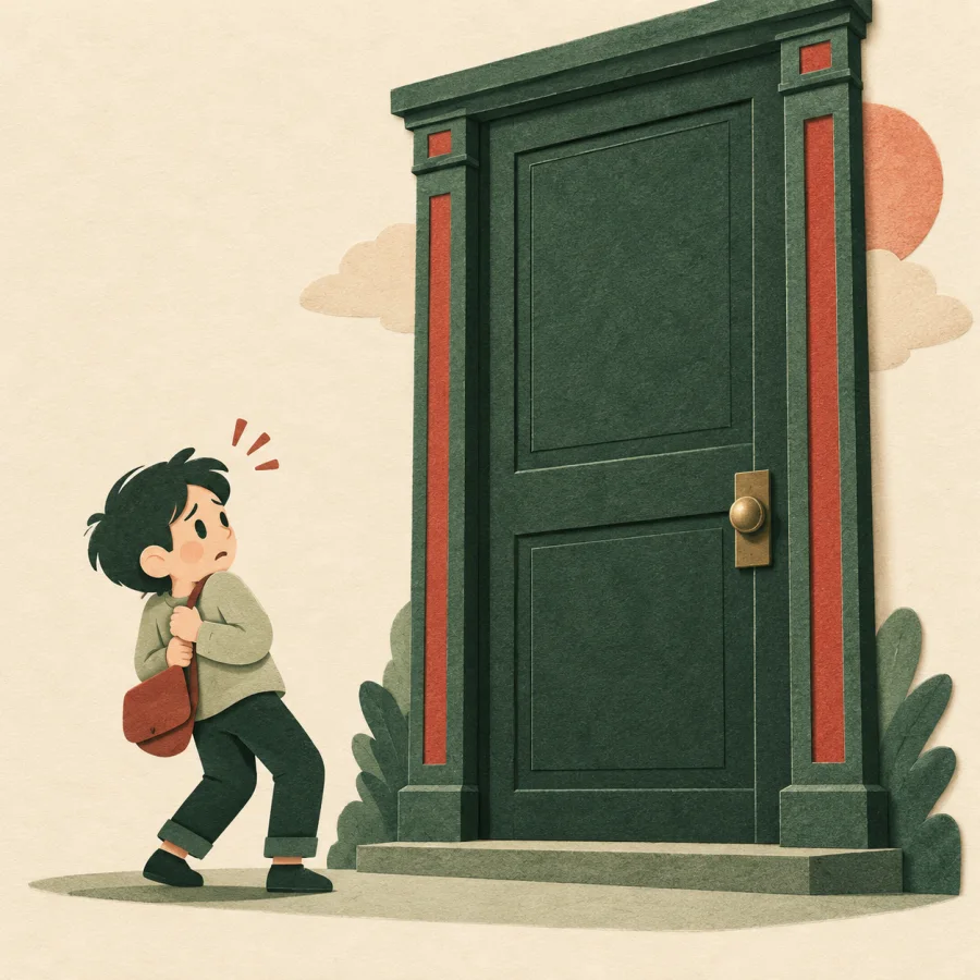 A small figure shrinking back before a tall sealed door