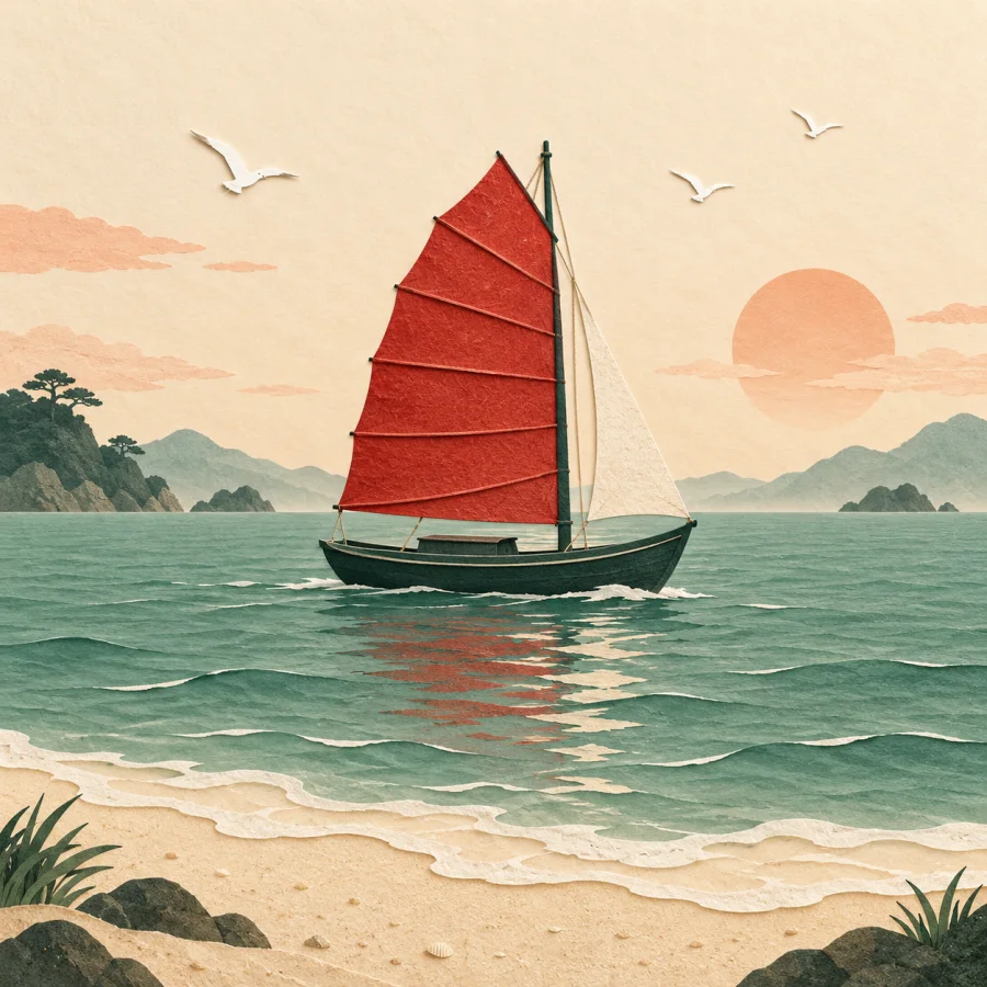 A sailboat on jade-blue water near a sandy shore with gulls