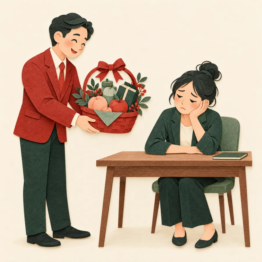 A smiling manager hands a gift basket to a tired worker.
