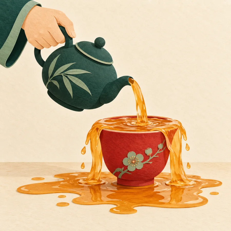 A person pours tea until the cup overflows past its rim.