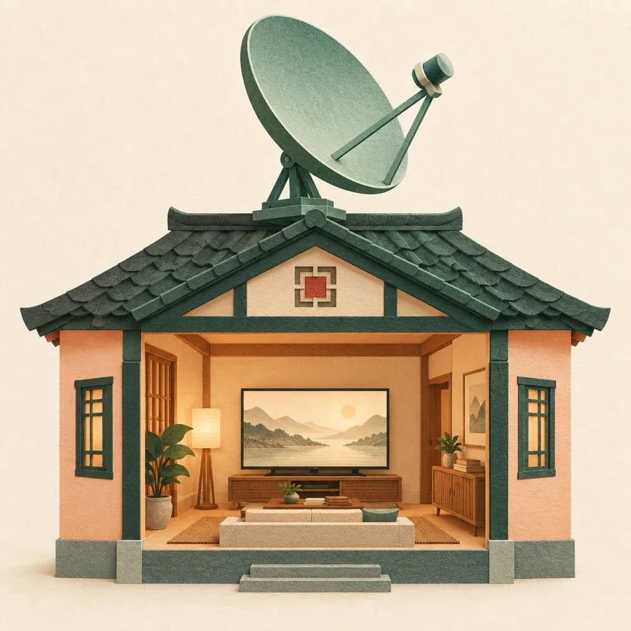 A satellite dish on a roof above a glowing television screen.
