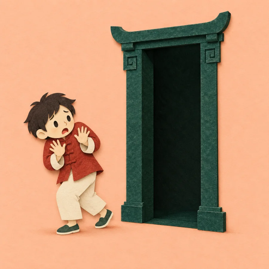 A small figure shrinks back from a tall dark doorway.
